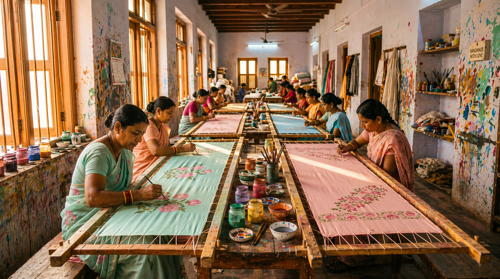 Wide view of the Hand Painted Saree atelier with painters at work