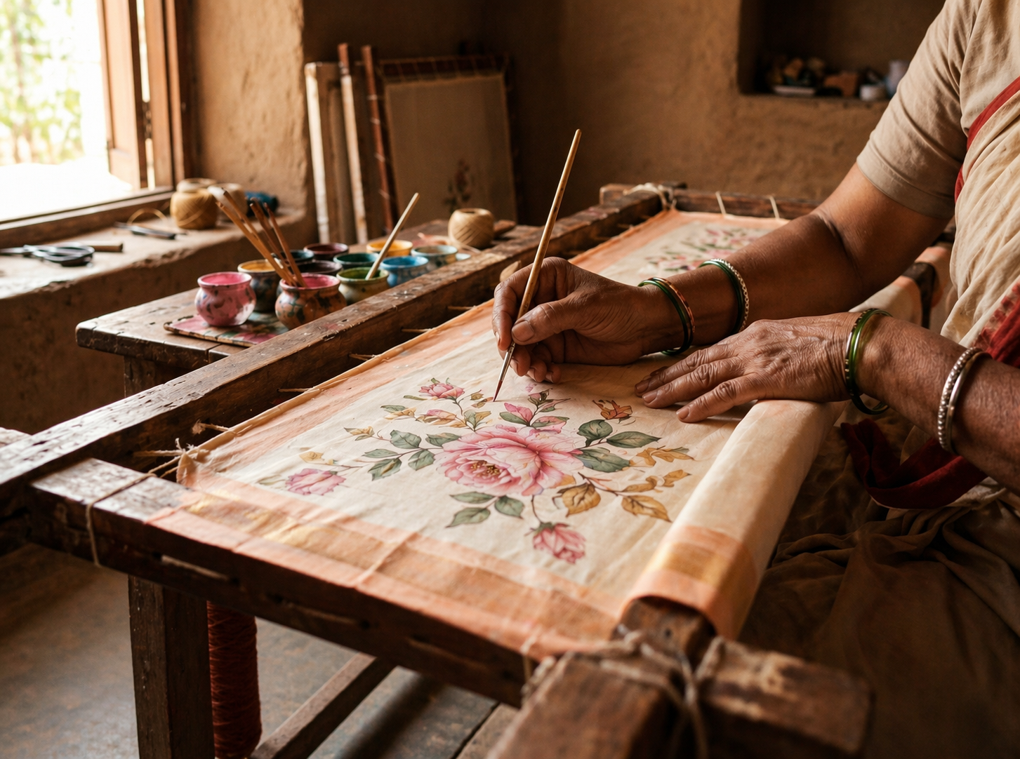 Artisan painting a saree